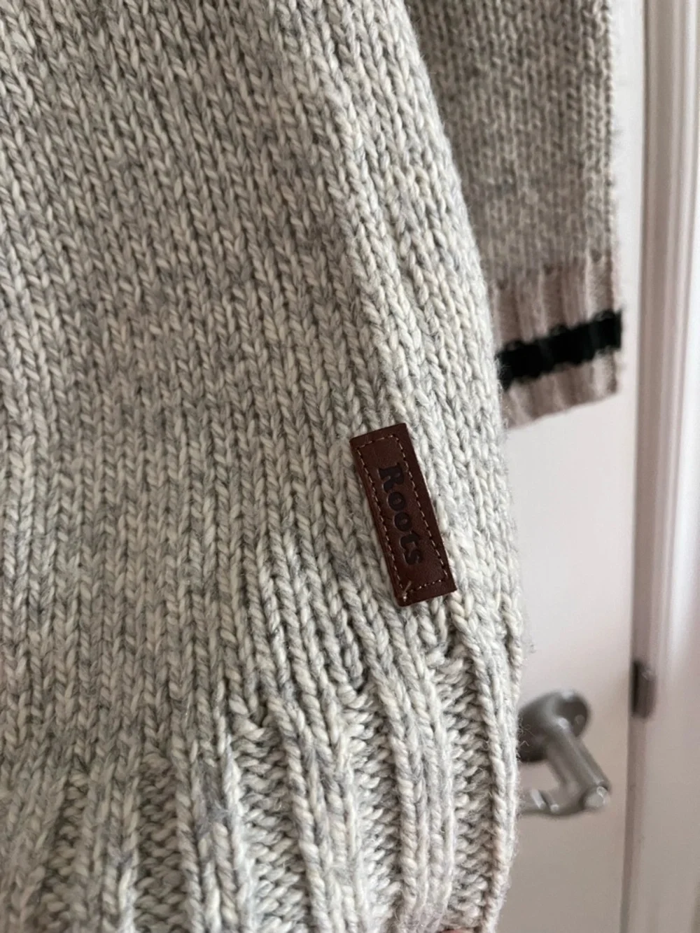 Roots Light Grey Funnel Neck Sweater with Contrast Dark Green Cuffs - Picture 3 of 4